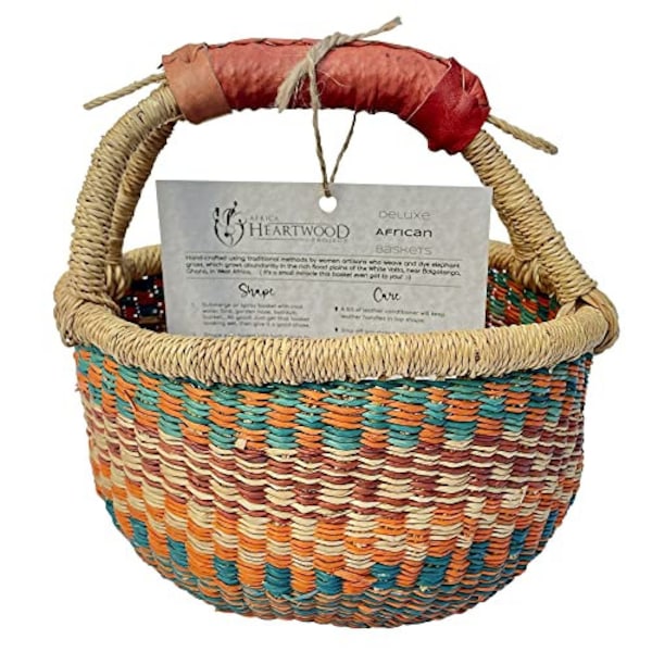 Deluxe Round Colorful African Basket - Small 10" - by market women in Bolgatanga, Ghana with AHP - GBSRC (Flat-packed)