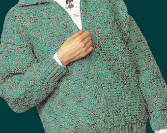 Zip Front Textured Jacket with Collar | Knitting Pattern PDF