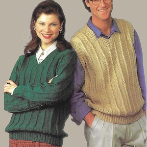 Men & Womens Vertical Rib Sweater and Vest Knitting Pattern - Retro Vintage 1990s Knitting Pattern Unisex Pullover Sweater and Vest