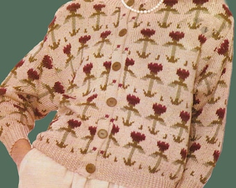 Vintage Heather Flower Cardigan Knitting Pattern – Womens Intarsia (PDF Pattern)