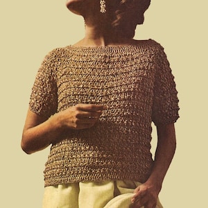 May include: A brown crocheted top with a boat neck and short sleeves.