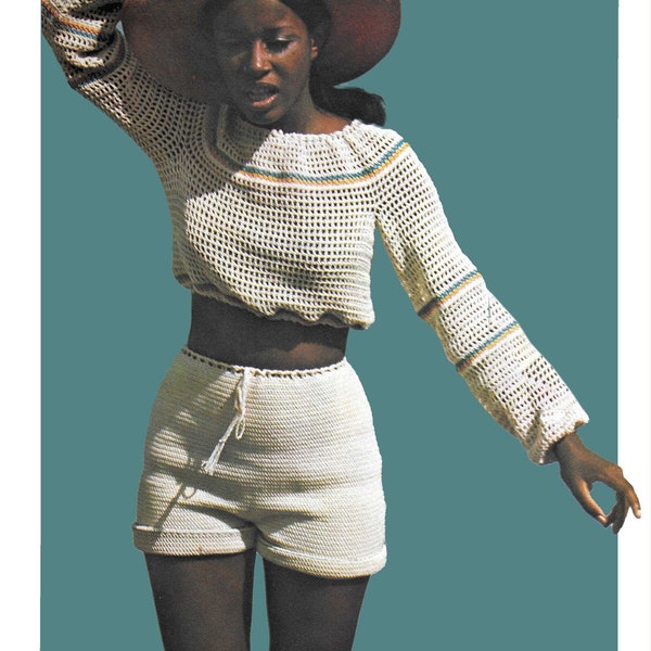 Crochet Crop Top & Shorts Set  1960s 1970s 1980s 1990s 2000s Women's Retro Vintage Crochet Pattern PDF