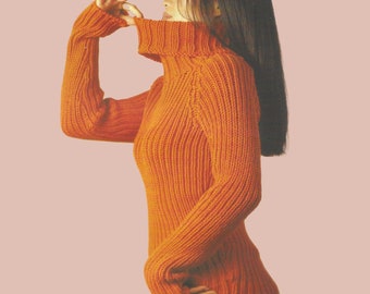 May include: A bright orange turtleneck sweater with long sleeves and a ribbed knit texture.