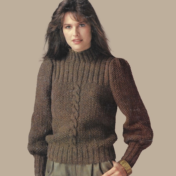 Moss Stitch Poet's Turtleneck • women's Puff Bishop Sleeve Sweater