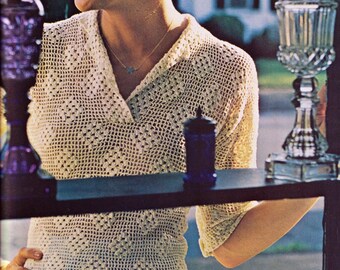 Blusa de crochê filé • Camisa polo de verão padrão de crochê vintage dos anos 70