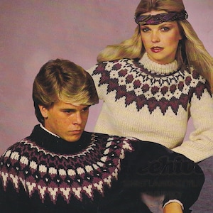 May include: Two long-sleeved sweaters featuring a circular yoke pattern in shades of dark purple, white, and black. One sweater is primarily cream-colored with a high ribbed collar, while the other is black with a matching high ribbed collar.