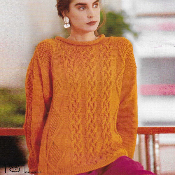 Women's Rollneck Aran Cable Pullover Sweater 1980s 1990s 2000s Contemporary Knitting PDF Pattern Retro Vintage