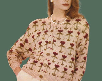 Heather Flower Cardigan - 1980s 1990s 2000s Cotton Floral Cardigan  Womens Vintage Retro Knitting PDF Pattern Intarsia