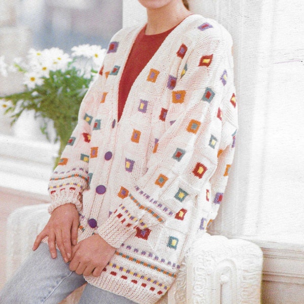 Intarsia Patchwork Cardigan Womens Oversized • 1980s 1990s PDF Knitting Pattern