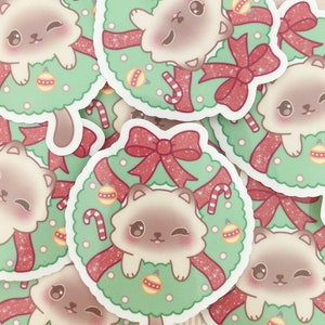 Christmas kitten on wreath sticker ~ Christmas cat sticker ~ Holiday cat sticker flake