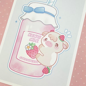 Impression d'art de lait kawaii ~ Illustration de vache mignonne ~ Art de lait aux fraises
