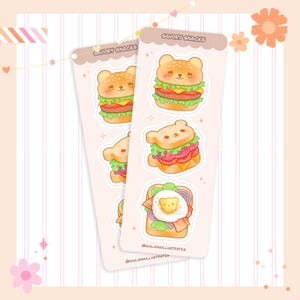 Jolie feuille d'autocollants pour pain ~ Stickers boulangerie ours ~ Toasts aux œufs sandwich ~ Sticker hamburger ours