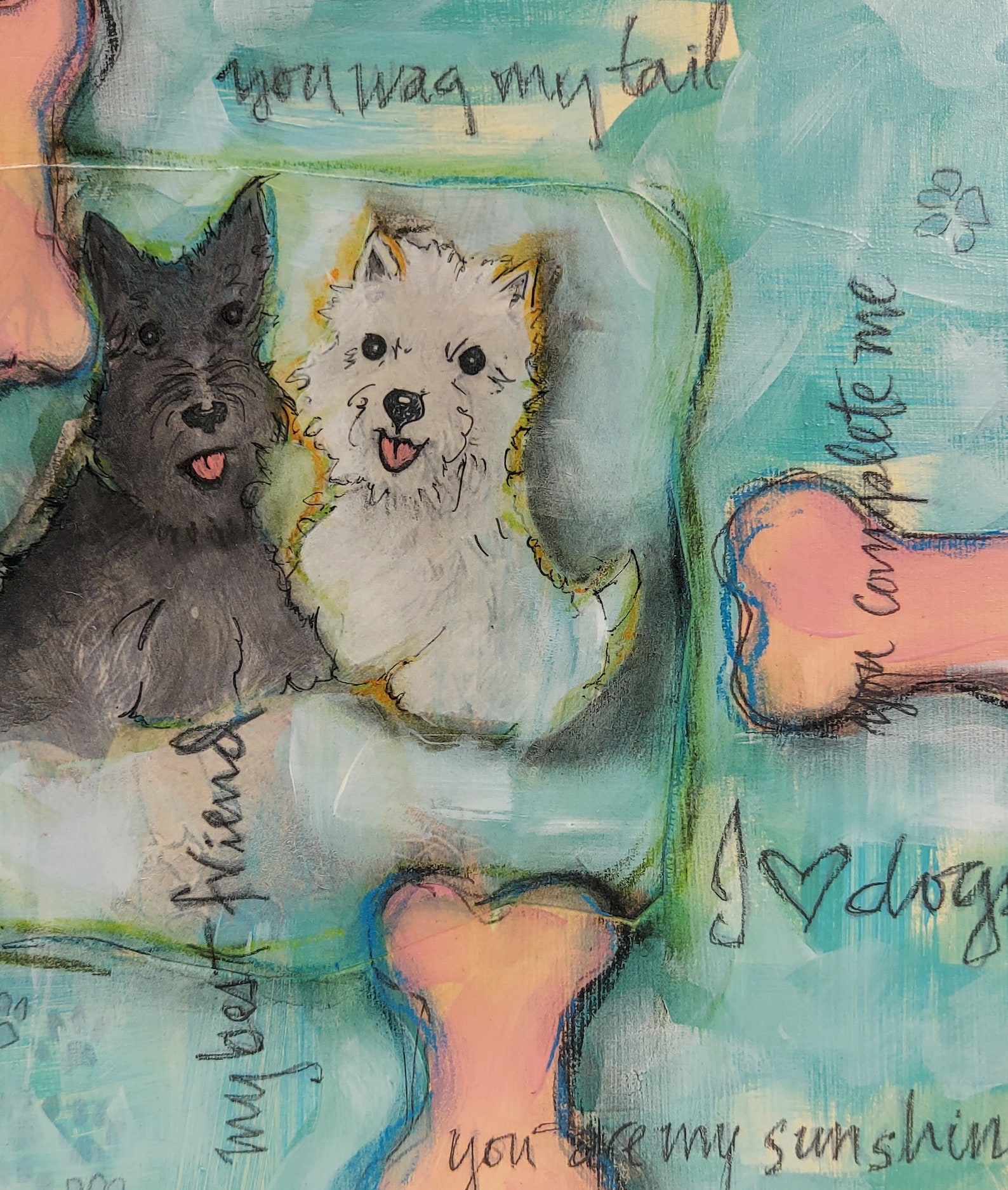 Dog Painting, Mixed Media, Acrylic and Vintage Magazine Paper, Original Art, Wood Panel, Ready