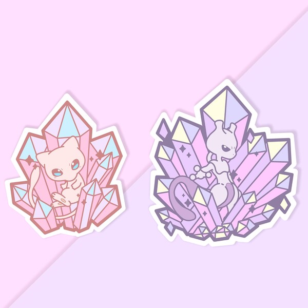 Cute Kawaii Crystal Mew and Mewtwo Pokemon Stickers