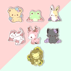 Adesivi kawaii con animali floreali: rana, orso, coniglio, leone, rana, lupo e serpente (per maggiori informazioni leggere la descrizione dell'inserzione)