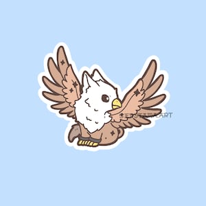 May include: A cartoon illustration of a white eagle with brown wings and a yellow beak. The eagle is flying with its wings spread out. The eagle has a star-shaped pattern on its wings.