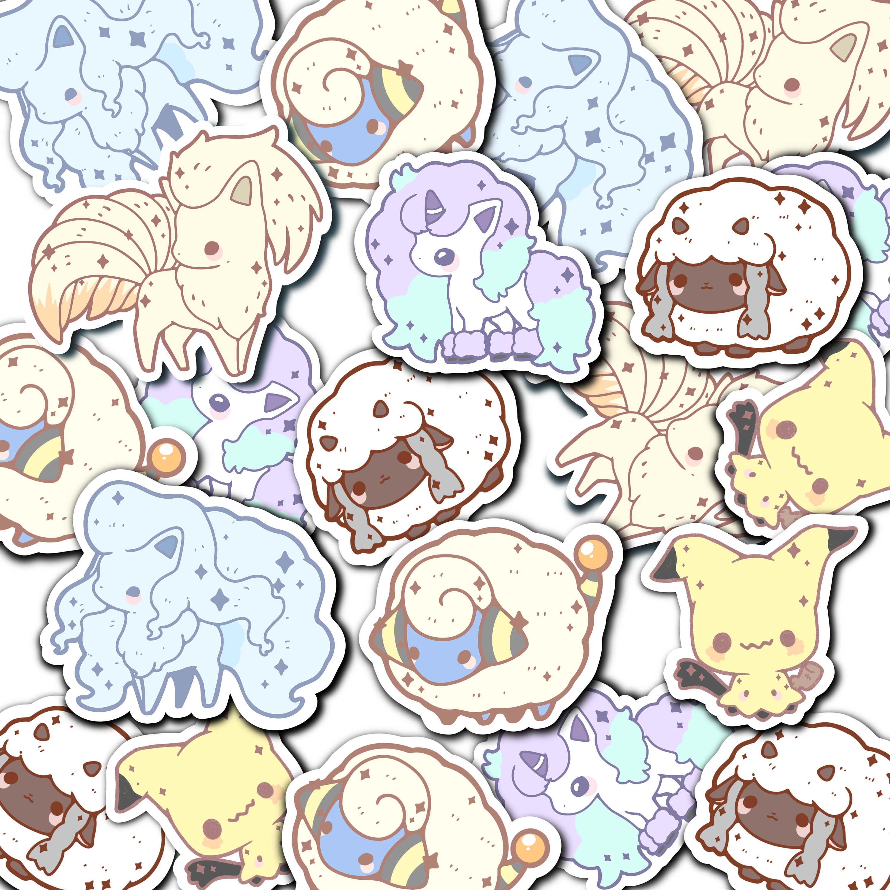 Kawaii Pokemon Stickers - Ninetales, Mimikyu, Mareep, Ponyta, Wooloo …