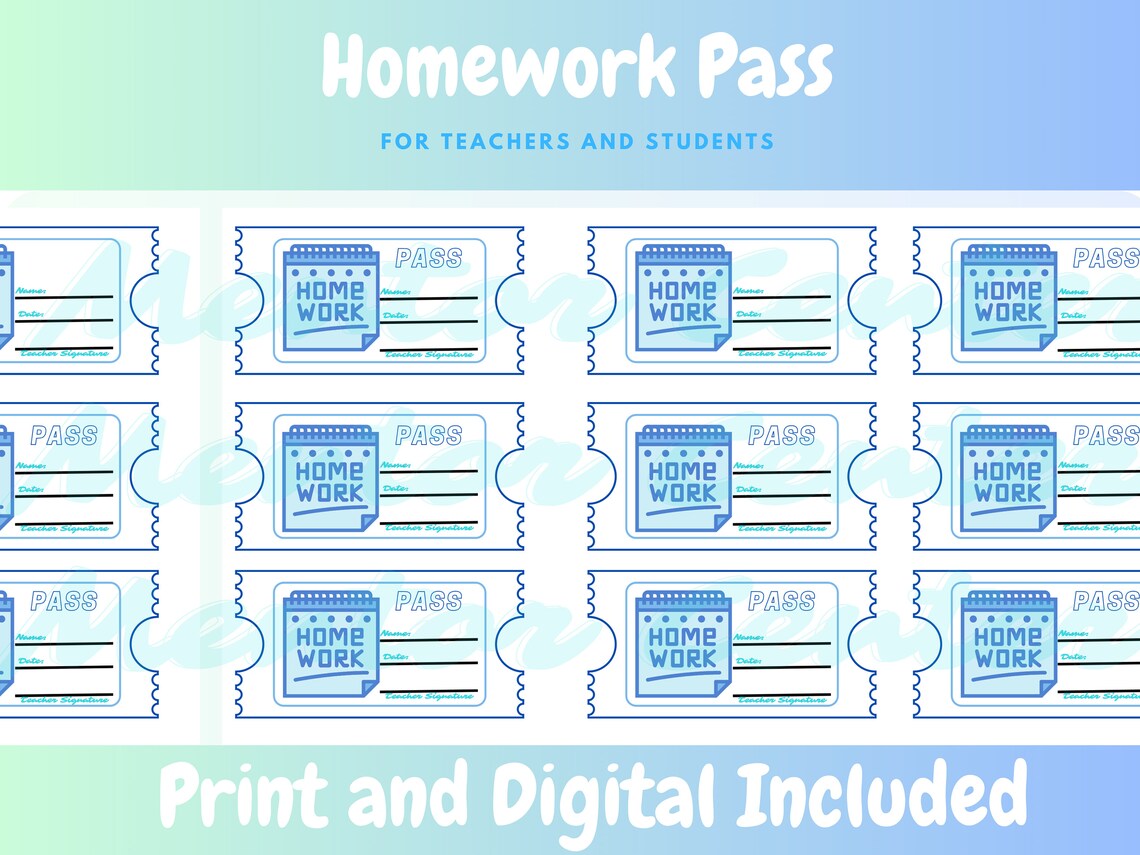 Homework Pass Template Digital Download sheet of 6, Classroom Managment ...