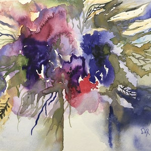 May include: Abstract watercolor painting of purple, blue, and red flowers with green leaves and branches. The background is a light gray.