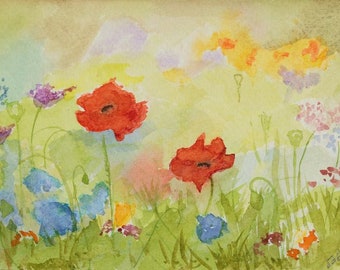 Set of 4 watercolor notecards, watercolor poppies notecard, garden art notecard, 4x6 notecards, "Secret Garden" watercolor, poppies cards