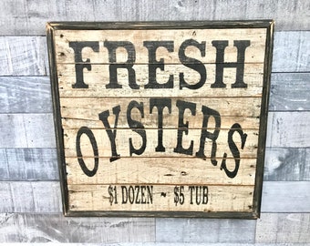 Fresh Oysters Sign Wooden Vintage Looking Rustic Americana