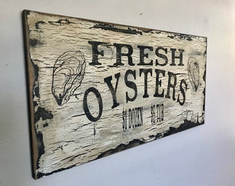 Fresh Oysters Sign,Oysters Sign,Rustic Oysters Sign, Oyster Bar Sign-Rustic Hand Made Vintage Wooden Sign for Oysters,Nautical Decor