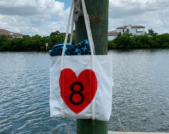 Repurposed Sail Heart “8” tote