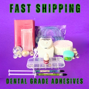 May include: A collection of dental care products, including whitening trays, adhesives, and applicators, arranged on a purple background. The text "FAST SHIPPING" and "DENTAL GRADE ADHESIVES" are displayed in green. Various cosmetic dental supplies are visible.