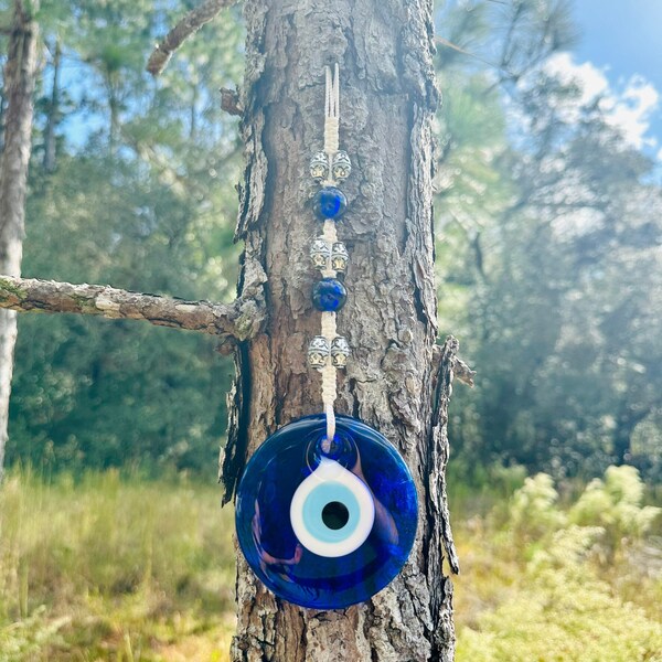 Wall Hanging Evil Eye Nazar Boncuk Mal De Ojo, Modern Boho Style Home Decor -- Silver/Blue/White -- Quick Ship!