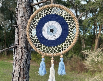 Evil Eye Wall Hanging, House Protection, Home Decor 12" Handmade Evil Eye Nazar Boncuk Mal De Ojo Macrame Dreamcatcher