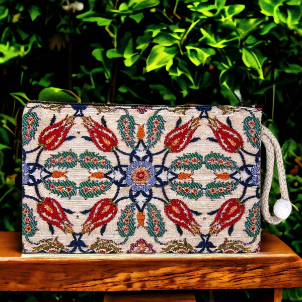 Authentic Kilim Fabric Ottoman Tulips Design Zipper Clutch Purse, Turkish Carpet, Pouch, Coin Purse, Wallet, Small Storage -- Red Tulips