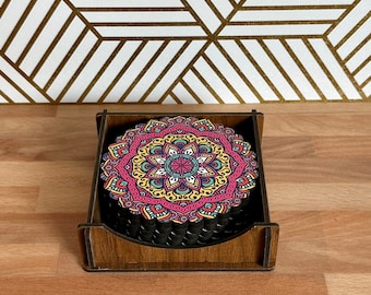 6 Pack Turkish Wooden Coaster Set with Holder - Bright Multicolor Floral Mandala -- Made in Turkey -- Quick Ship