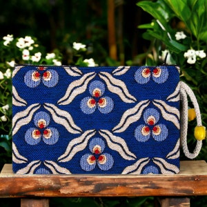 Authentic Kilim Fabric Blue Three Evil Eye Floral Berry Design Zipper Clutch Purse, Turkish Carpet, Pouch, Coin Purse, Wallet, Small Storage