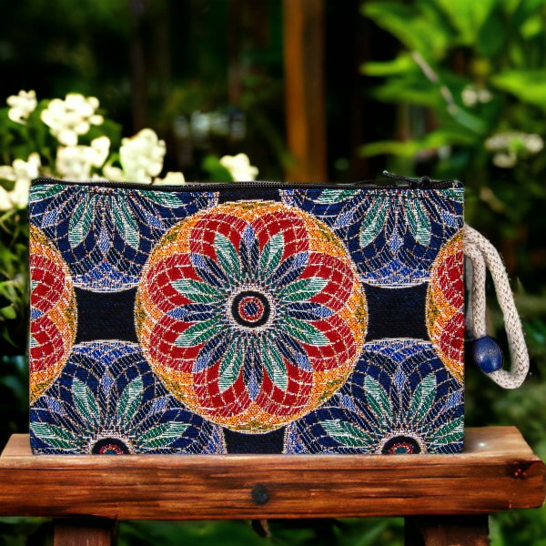 Authentic Kilim Fabric Evil Eye Floral Mandala Design Zipper Clutch Purse, Turkish Carpet, Pouch, Coin Purse, Wallet, Small Storage