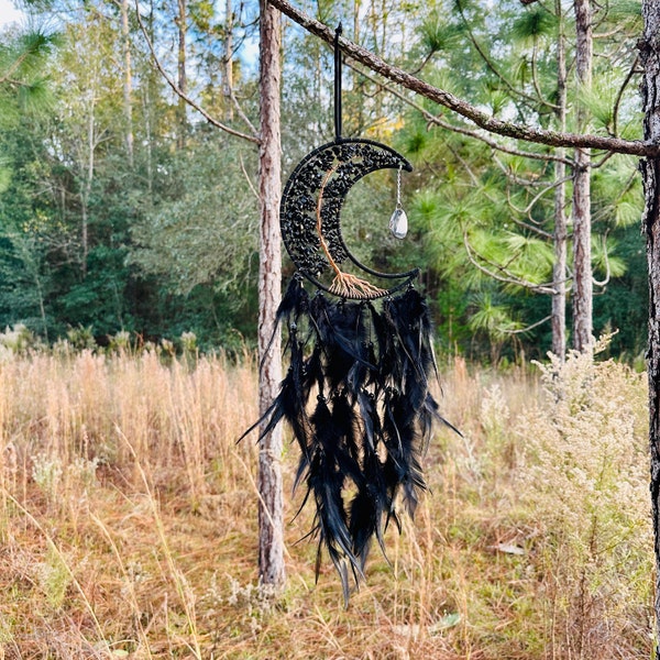 Medium Wall Hanging Crescent Moon Dream Catcher with Black Obsidian Stones & Hanging Stone Charm with Feathers Blacked Out Modern Home Decor