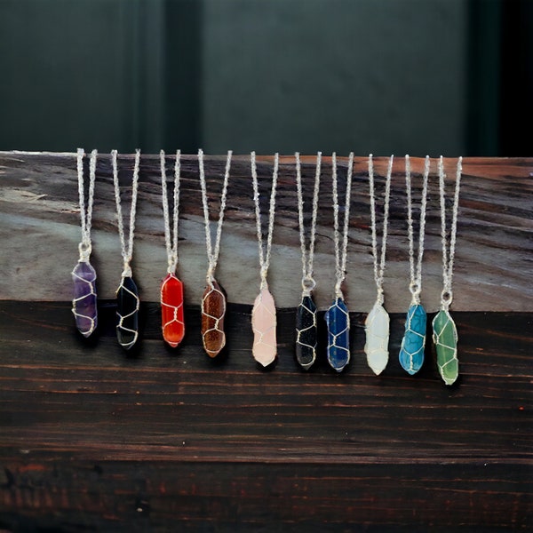 Silver Wire Wrapped Crystal Gemstone Necklaces, Rose Quartz, Amethyst, Opal, Black Obsidian, Healing Stone Chakra Point Birthstone Necklaces