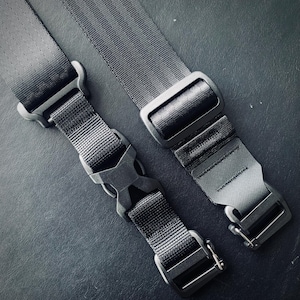 May include: Two black adjustable straps with metal buckles. One strap has a black plastic clip. The straps are on a dark gray surface.