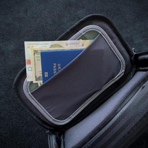 May include: A black zipped travel organiser case with a grey interior lining. The open compartment contains a blue Ukrainian passport, a United States one-dollar bill, and a Ukrainian hryvnia banknote tucked into a dark grey fabric pocket.