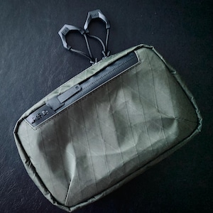 May include: A green zippered pouch with a black zipper and two black pull tabs. The pouch is made of a textured fabric and has a small black label with the word "AS2D" on it.