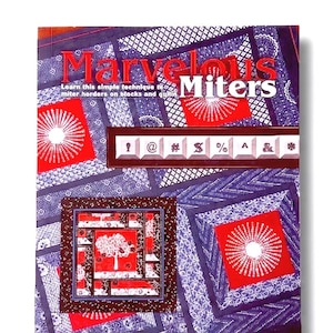 May include: A book cover titled "Marvelous Miters" with a quilt design. The cover features red and blue geometric patterns, with the title in large red letters. The author's name, Susan K Cleveland, is at the bottom.