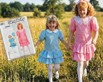 Simplicity 8595 Girls Ruffle Dress Vintage UnCut Pattern – Puff Sleeve (Size K 7–14)