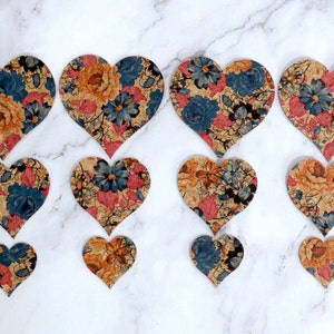12 Cork Fabric Heart Die Cuts – 4", 3", 2" Sizes – Appliqué for Crafts & Sewing