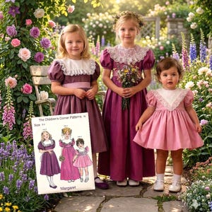 May include: Three young girls in vintage-style dresses pose in a garden setting. The dresses are in shades of pink and purple, with white lace collars. A pattern for the dresses is visible. The garden features a stone path and abundant flowers.