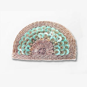 May include: A semi-circular patch featuring a textured metallic copper-colored thread base. The center is adorned with rows of overlapping, circular, light mint-green sequins that radiate outward in a fan-like pattern across the surface.