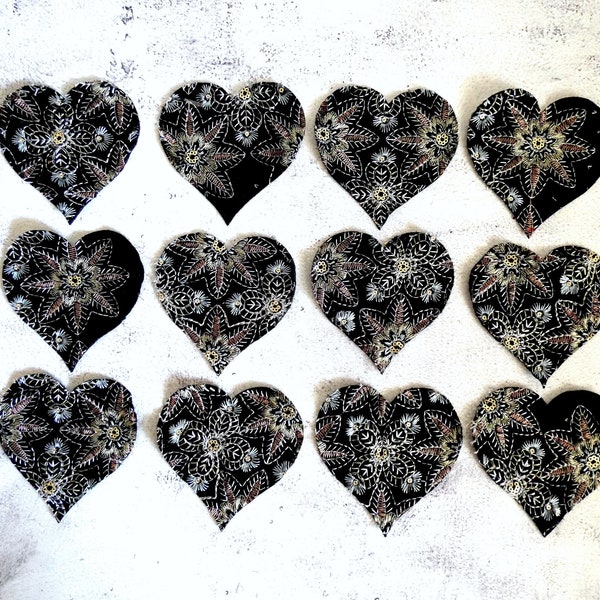 VELVET FABRIC HEART Shaped Die Cuts - 4 inches in black with embroidery and sequins- Use for quilting, sewing, arts, crafts and clothing!