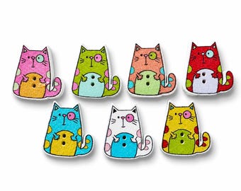 Kitty Cat Wooden Buttons, Colorful Cat Craft Embellishments