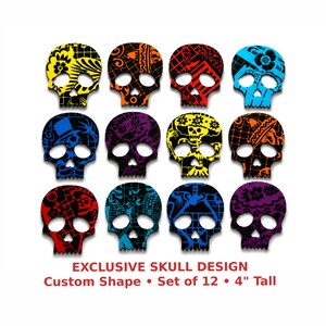 May include: A set of 12 skull-shaped cutouts, each 4 inches tall, featuring diverse colorful patterns including floral, geometric, and sombrero motifs in yellow, orange, red, blue, purple, and black. Text reads: EXCLUSIVE SKULL DESIGN Custom Shape Set of 12 4" Tall.