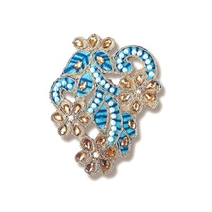 RHINESTONE APPLIQUE Iron on Patch- embroidery, beads  and pearls in blues  BLING! From India!