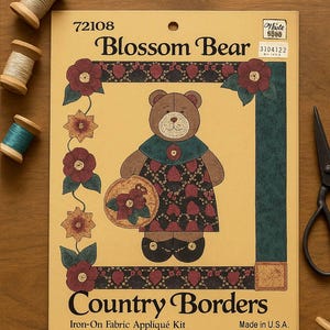 Vintage Blossom Bear Appliqué Kit: Country Borders Iron-On Fabric Craft (Made in USA)
