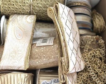 Gold Ribbon Lot – Vintage Metallic, Wired, Lace Trims for Crafts